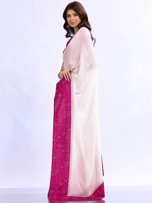 white bandhani beads and stones silk blend designer bandhani saree 5