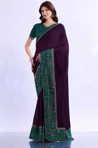 purple bandhani beads and stones silk blend bandhani saree