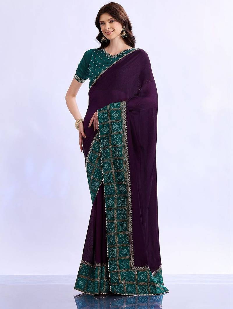 purple bandhani beads and stones silk blend bandhani saree