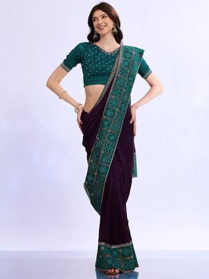 purple bandhani beads and stones silk blend bandhani saree 2