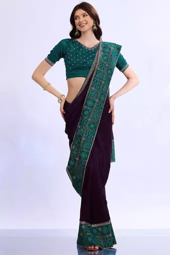 purple bandhani beads and stones silk blend bandhani saree