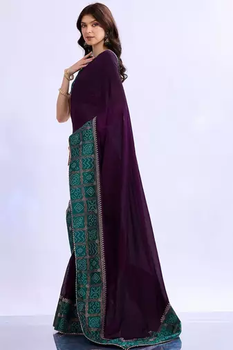 purple bandhani beads and stones silk blend bandhani saree