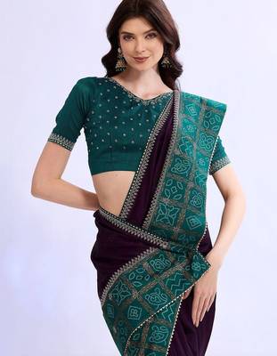 purple bandhani beads and stones silk blend bandhani saree 4