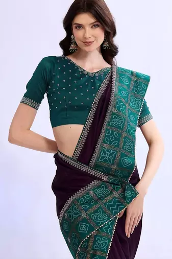 purple bandhani beads and stones silk blend bandhani saree