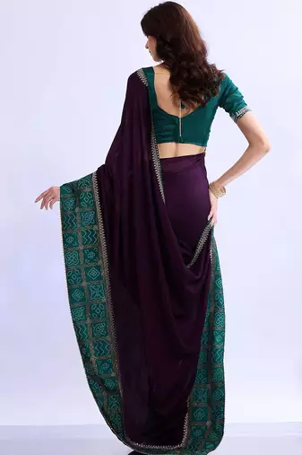 purple bandhani beads and stones silk blend bandhani saree