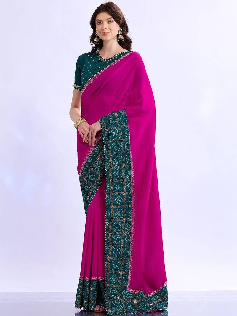 multicolor bandhani beads and stones silk blend bandhani saree
