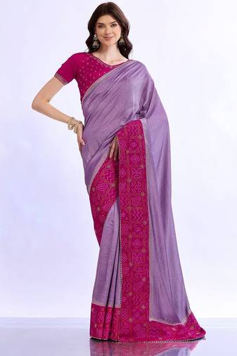 purple bandhani beads and stones silk blend bandhani saree