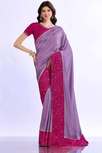 purple bandhani beads and stones silk blend bandhani saree