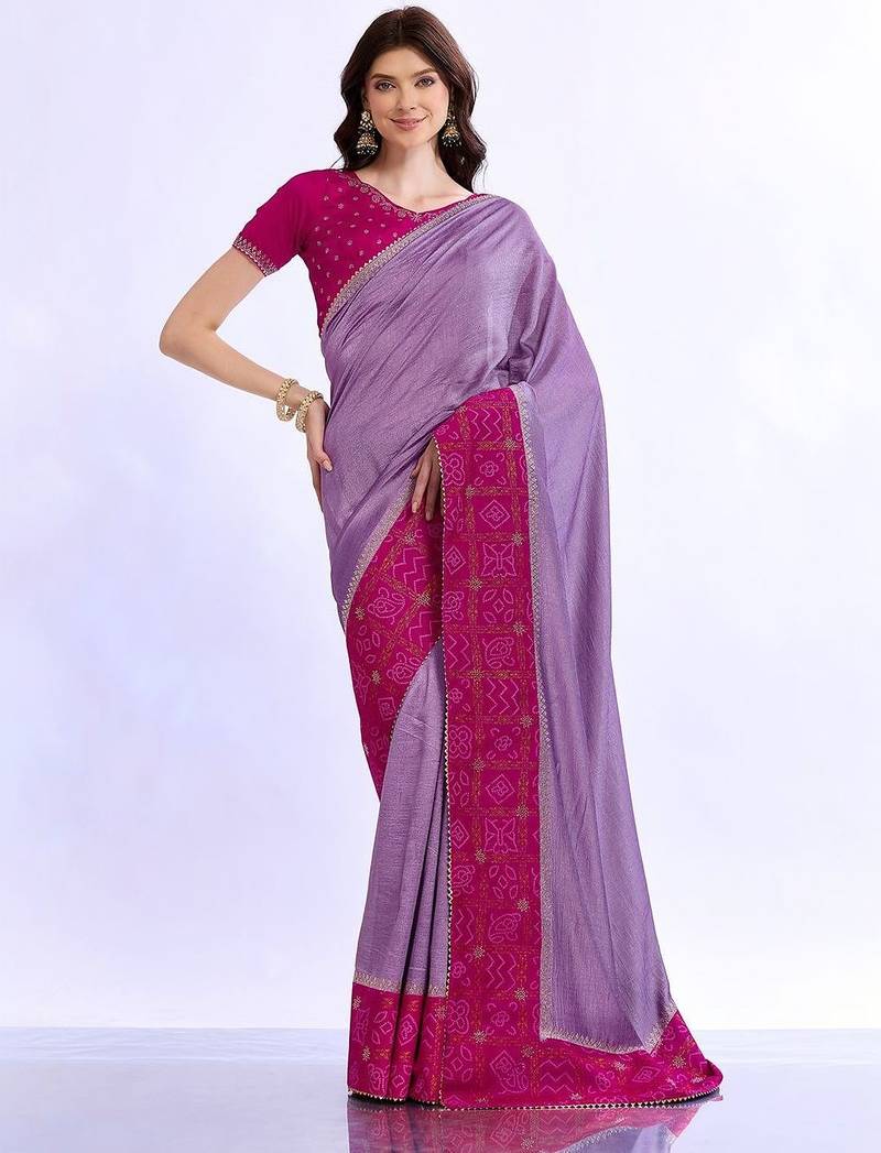 purple bandhani beads and stones silk blend bandhani saree