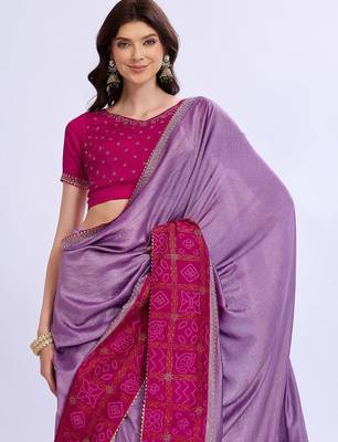 purple bandhani beads and stones silk blend bandhani saree 2