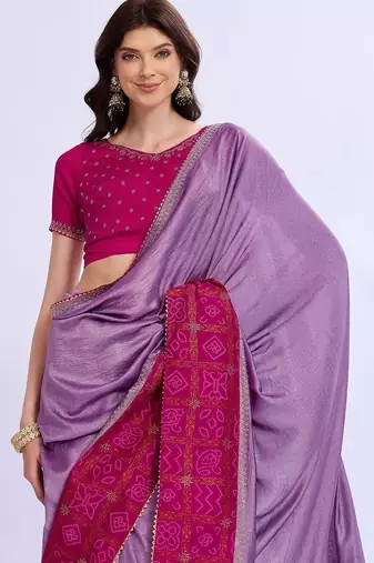 purple bandhani beads and stones silk blend bandhani saree