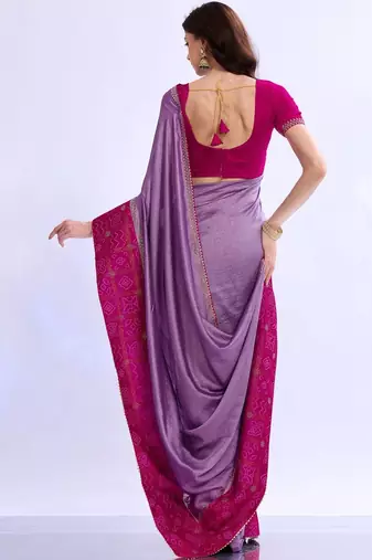 purple bandhani beads and stones silk blend bandhani saree