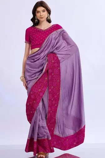 purple bandhani beads and stones silk blend bandhani saree