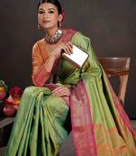 light_lime woven design zari silk blend handloom banarasi saree