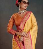 yellow woven design zari silk blend heavy work banarasi saree