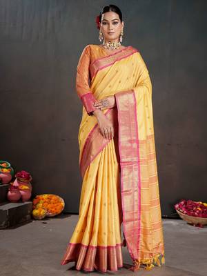 yellow woven design zari silk blend heavy work banarasi saree 2