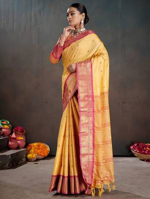 yellow woven design zari silk blend heavy work banarasi saree 3