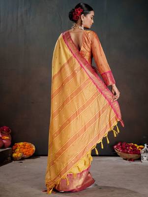 yellow woven design zari silk blend heavy work banarasi saree 4