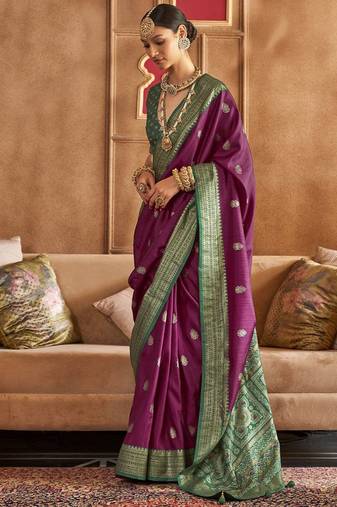 purple woven design zari silk blend patola saree