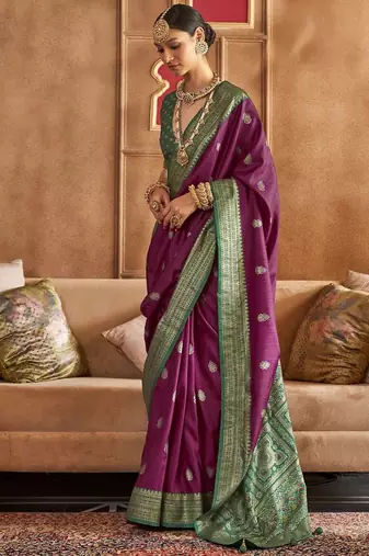 purple woven design zari silk blend patola saree