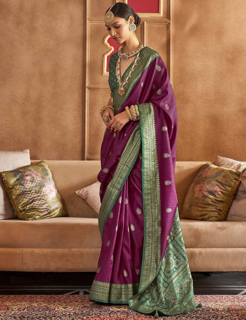 purple woven design zari silk blend patola saree