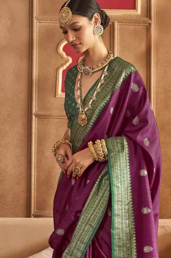 purple woven design zari silk blend patola saree