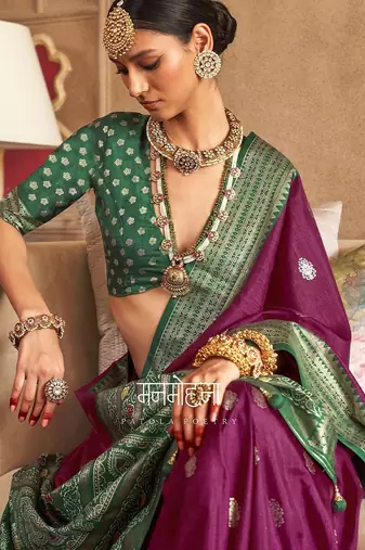 purple woven design zari silk blend patola saree