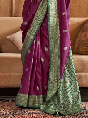 purple woven design zari silk blend patola saree 4
