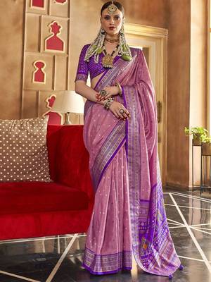 pink woven design zari silk blend patola saree 1