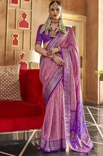 pink woven design zari silk blend patola saree