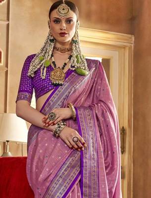 pink woven design zari silk blend patola saree 2