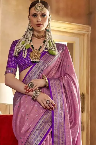pink woven design zari silk blend patola saree