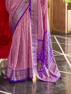 pink woven design zari silk blend patola saree 3