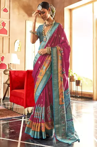 pink ethnic motifs zari silk blend patola saree