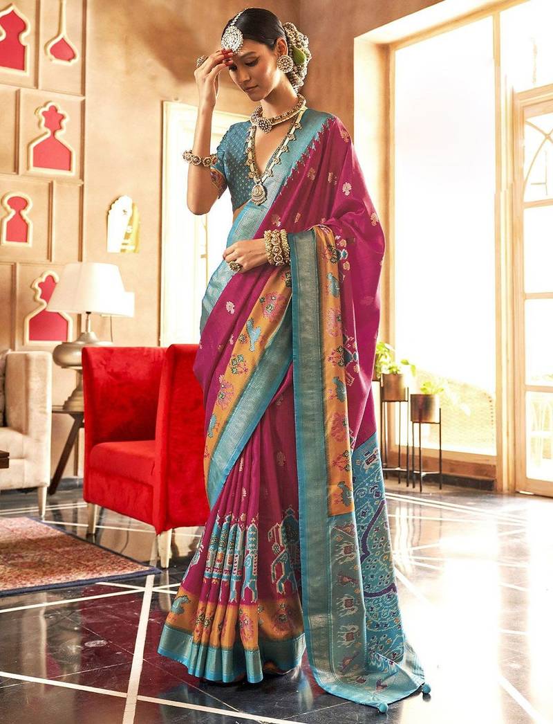 pink ethnic motifs zari silk blend patola saree