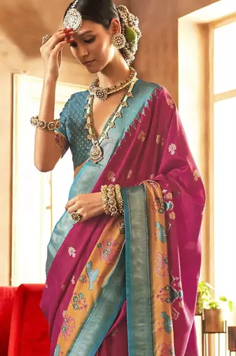 pink ethnic motifs zari silk blend patola saree