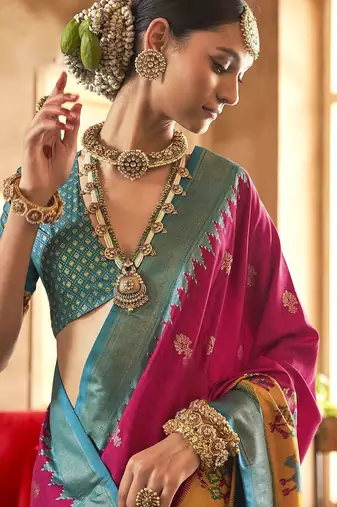 pink ethnic motifs zari silk blend patola saree