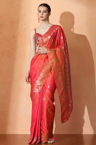 orange floral woven design zari banarasi saree