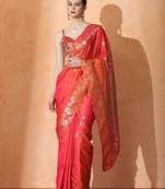 orange floral woven design zari banarasi saree