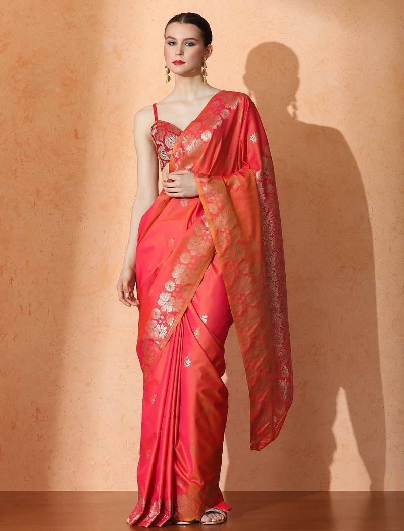 orange floral woven design zari banarasi saree