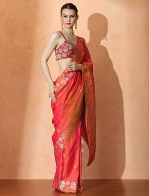 orange floral woven design zari banarasi saree 2