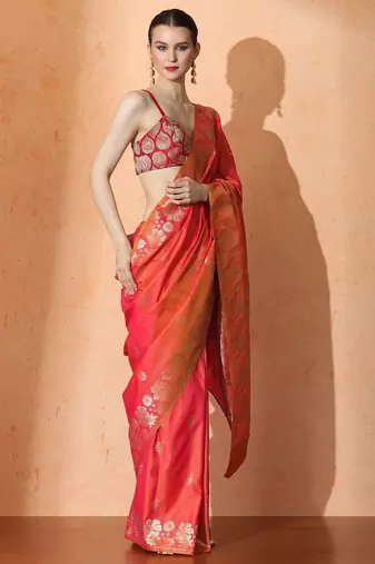 orange floral woven design zari banarasi saree