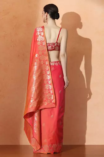 orange floral woven design zari banarasi saree