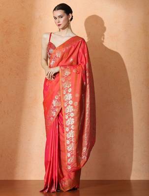 orange floral woven design zari banarasi saree 4