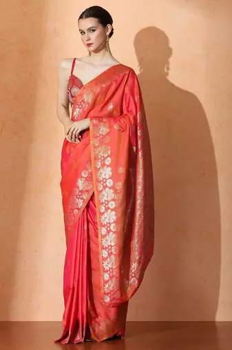 orange floral woven design zari banarasi saree