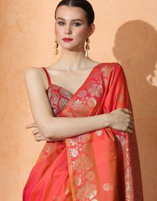 orange floral woven design zari banarasi saree 5