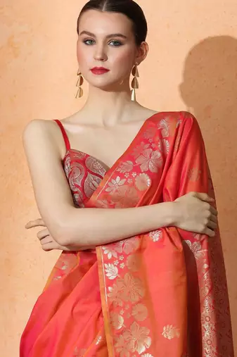 orange floral woven design zari banarasi saree