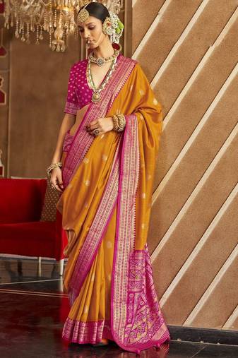 mustard woven design silk blend patola saree