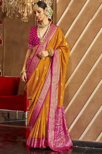 mustard woven design silk blend patola saree