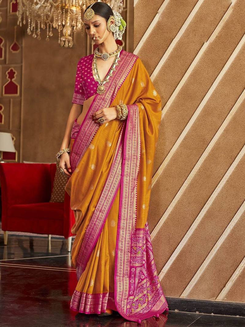 mustard woven design silk blend patola saree